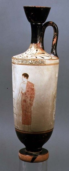 Attic white-ground lekythos decorated with a youth dressed in a grey himation, from Laurium, Attica, c.450-425 BC by Achilles Painter